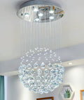 Six Light Crystal Chandelier Flush Mount Raindrop Ceiling Light With Large Ball Shape Design hanging in a modern room
