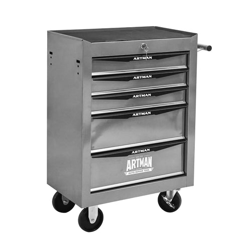 Lockable Rolling Tool Cart Cabinet With Steel Body And Ball Bearing Slides For Garage Workshop Tool Crib Must Haves heavy duty mobile tool chest with silver finish and smooth steering casters.