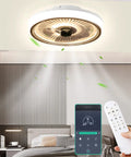 Ultra Thin LED Ceiling Fan With Lights, dimmable low profile ceiling fan with remote, in a modern bedroom with gray walls.