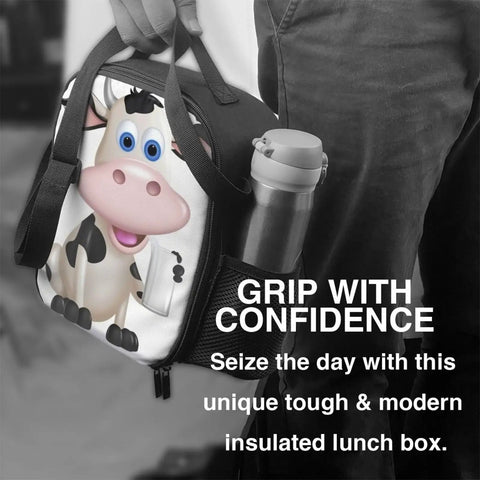 Ultimate Kickass Insulated Lunch Bag For Guys And Gals Featuring Hella Tough Leak Proof Peva Lining Heavy Duty Cooler Tote With Adjustable Shoulder Strap For Grabbing Daily Meals On The Move held by a person with a water bottle.
