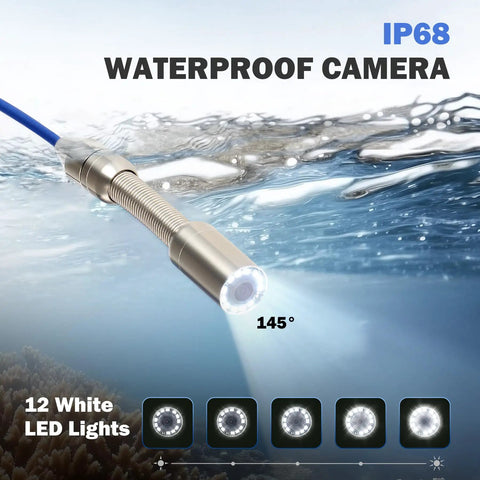 Drain And Sewer Inspection Camera with 100 ft cable, IP68 waterproof, underwater view with 12 LED lights for real-time plumbing diagnostics