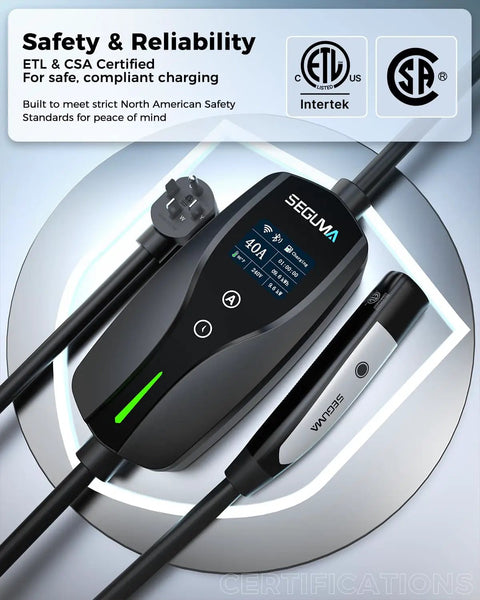 Heavy Duty 40A Level 2 Electric Vehicle Charger With Smart App Tracking For Tesla All Car Brands, ETL certified, sleek design.