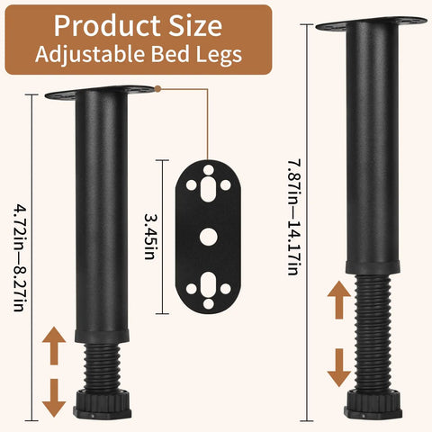 Adjustable Height Metal Furniture Legs Heavy Duty Replacement Feet For Beds Sofas Tables Sets Perfect Clearance Eight Point Eight To Fourteen Point One Inches Eight Piece Pack showing height adjustments and dimensions.