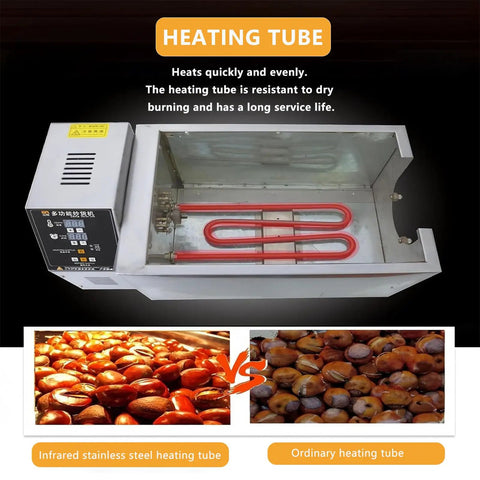 Heavy Duty Electric Nut And Coffee Bean Roaster With Thumb Turn Temp Dials Auto Shutoff Nonstick Drum Pan, showing infrared heating tube.