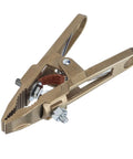 Heavy Duty Ground Clamp Wrench 600 Amp High Conductivity Brass Welding And Cutting Ground Hook Clip shown angled, highlighting brass material and grip design.