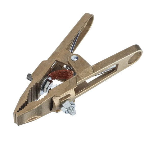 Heavy Duty Ground Clamp Wrench 600 Amp High Conductivity Brass Welding And Cutting Ground Hook Clip shown angled, highlighting brass material and grip design.