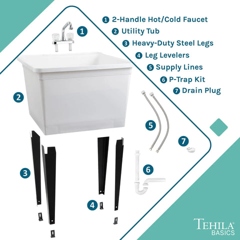 Heavy Duty Plastic Laundry Tub Featuring A Spacious 21 Gallon Basin With Sturdy Adjustable Freestanding Frame And Sleek Two Handle Faucet For Quick Household Cleanups No Sweat, with faucet and accessories.