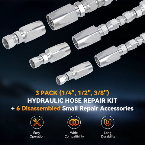 Chrome hydraulic hose repair fittings set with 3 sizes (1/4 in, 3/8 in, 1/2 in) and 6 repair parts