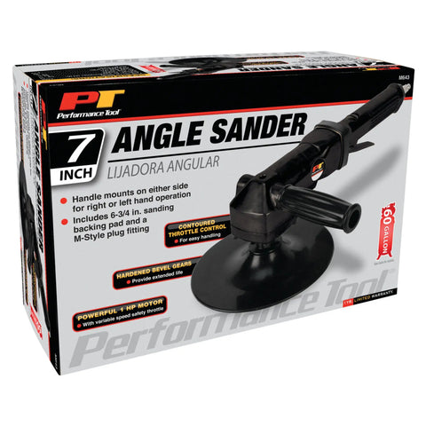 Box of 7-Inch Horizontal Angle Sander With 1 HP Variable Speed Motor, Hardened Bevel Gears, Built In Air Regulator, And Reversible Handle