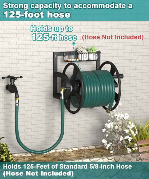 Wall Mounted Garden Hose Reel For Outdoor Use, Heavy Duty Hose Holder Winder With Leader Hose And Brass Connector, mounted on wall.