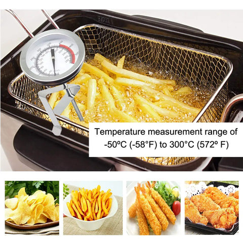 15 Inch Turkey Fryer Thermometer With Pot Clip 2 Pack 2 Inch Dial Candy Thermometer Stainless Steel Clip Deep Fry Oil Thermometer in use with fries in frying basket