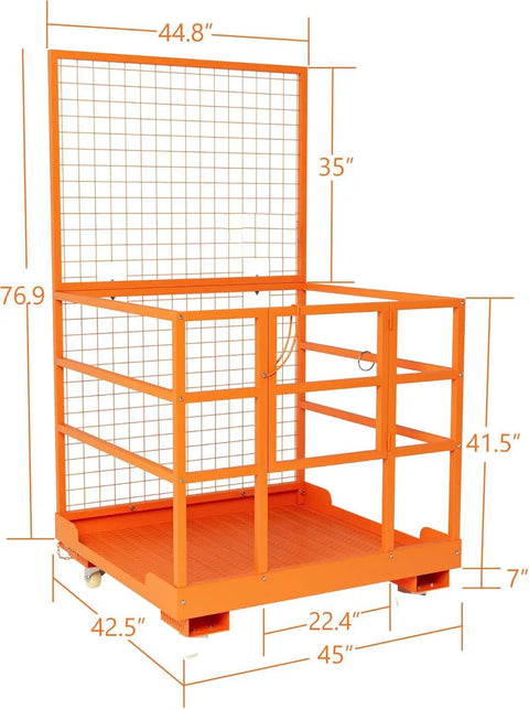 Badass Rated Forklift Safety Cage And Heavy Duty Man Basket For Front End Loaders, 44.8" high, 45" x 22.4" base, orange steel construction.