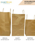 Three kraft paper bags with handles showing various sizes; regal size is 12 by 9 by 15.75 inches, eco friendly and recyclable.