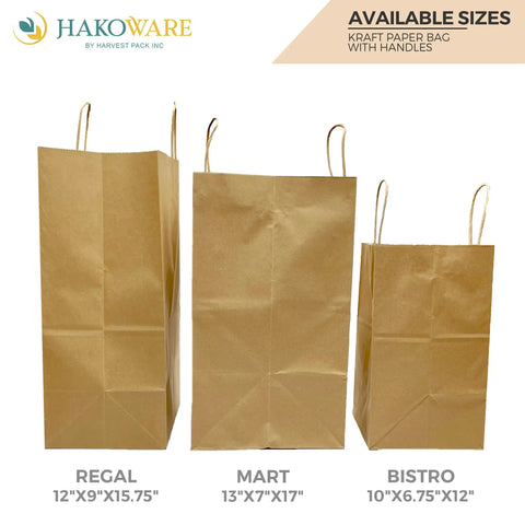 Three kraft paper bags with handles showing various sizes; regal size is 12 by 9 by 15.75 inches, eco friendly and recyclable.