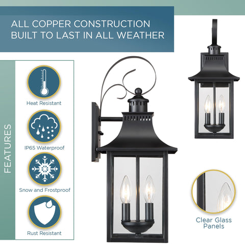 Chancellor 19 Inch Outdoor Wall Lantern Two Light Vintage Sconce in Mystic Black with Clear Glass Panels for Patio Porch Exterior Lighting