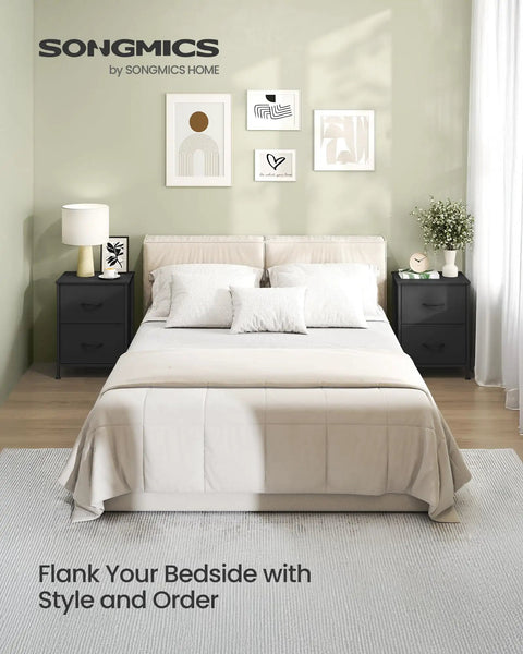 Bedroom with Dope Bedroom Dresser And Nightstand Storage Organizer Unit With Steel And MDF Construction, two black nightstands