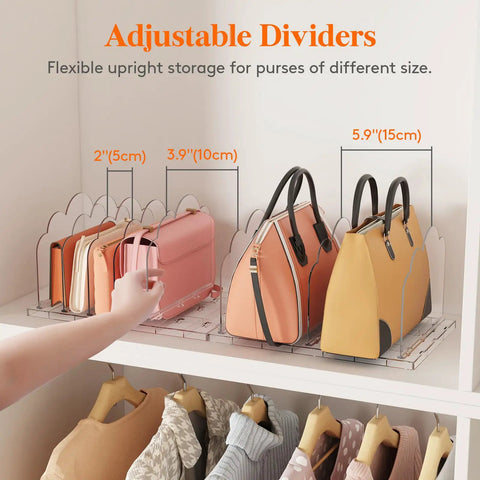 Purse Organizer For Closet Clear Handbag Storage Organizer With Adjustable Dividers Clutch Pouch Organizer includes 2 shelf dividers