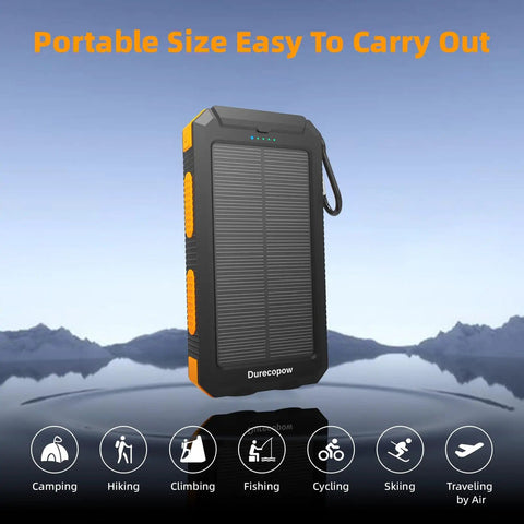 Solar Power Bank 20,000mAh Portable Charger On The Go with USB C four cables and three ports, rugged design for outdoor use.