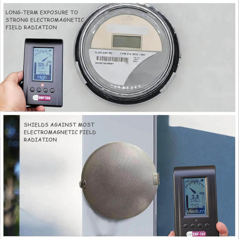 Fabric-Covered Smart Meter Shield Box With Adhesive Tape in use, showing reduced electromagnetic radiation levels.