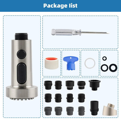 NSF ANSI CAN 61 CUPC Certified Pull Down Kitchen Faucet Head Replacement with 3 Function Sprayer and 15 Adapters in brushed nickel