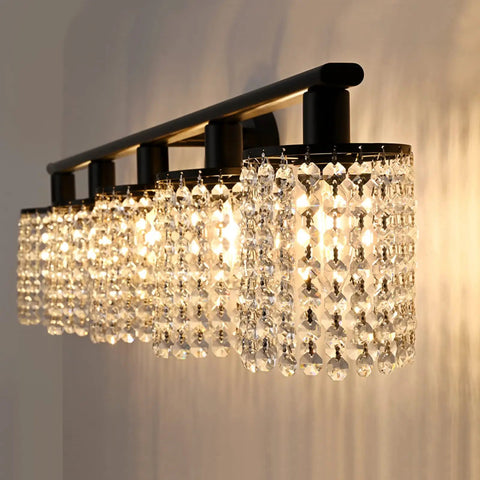 5 Light Crystal Black Vanity Light Fixture For Bathroom Over Mirror Modern Style With Crystal Drops against a wall