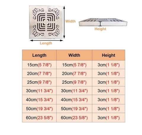 Big Ass Square Stainless Steel Trench Drain Grate With Base Heavy Duty Indoor Outdoor Drain Cover For Bathroom Deck Shower Yard Catch Basin Insert Waterproof Perforated Strainer 23 6 In Wide dimensions table with various sizes listed.