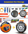 Transformable Tire Race Track Set For Kids 3 To 8 With Portable Handle, components displayed, compact storage case shown