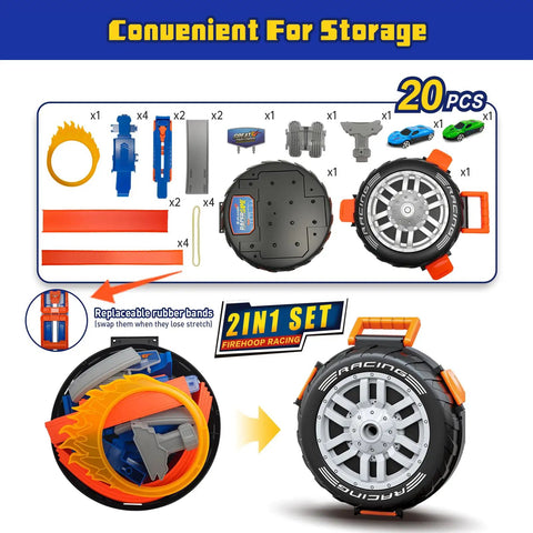 Transformable Tire Race Track Set For Kids 3 To 8 With Portable Handle, components displayed, compact storage case shown