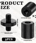 Six Pack 1/4 Inch To 1/4 Inch Threaded Tripod Screw Adapter Double Sided Mount Converter showing three screw adapters with sizes.
