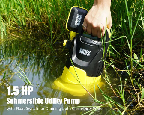 Person using Beefy Submersible Sump Pump 1.5HP 4500 GPH High Flow With Adjustable Float Switch in water