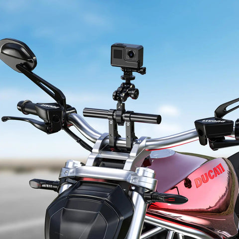Long Bike Handlebar Extender 7.87 Inch Aluminum Alloy Extension With Dual Clamp Mount For Bicycle And Motorcycle, attached to motorcycle.