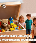 Open wooden toy box with soft-close hinge, stuffed bear, colorful toys, and kids in background. 2 Pack Soft Close Toy Box Hinges With Lid Support For Upward And Top Opening Flap Doors Heavy Duty Folding Storage Chest Or Trunk With Gentle Damping For Kid Safe Use No Slams And Pinched Fingers Ideal For Wooden Benches And Toy Boxes Grey.