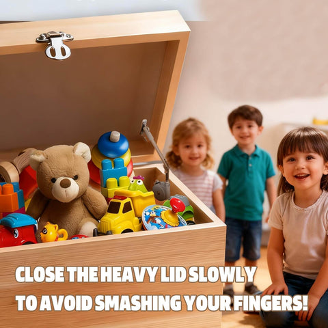 Open wooden toy box with soft-close hinge, stuffed bear, colorful toys, and kids in background. 2 Pack Soft Close Toy Box Hinges With Lid Support For Upward And Top Opening Flap Doors Heavy Duty Folding Storage Chest Or Trunk With Gentle Damping For Kid Safe Use No Slams And Pinched Fingers Ideal For Wooden Benches And Toy Boxes Grey.
