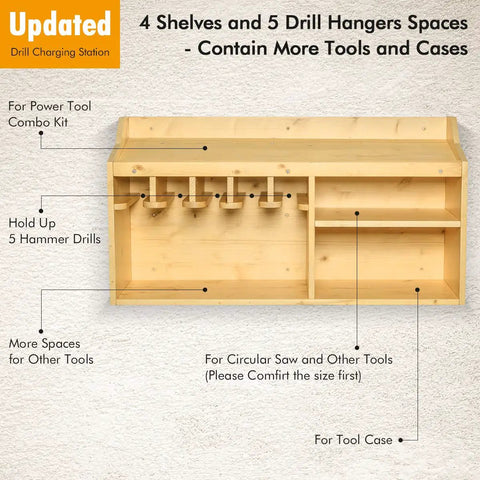 Front view of wooden Power Tool Organizer And Storage Cabinet With Wooden Drill Charging Station All In One Wall Mount Rack And 3 Shelves