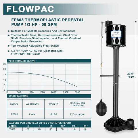 Heavy Duty Thermoplastic Pedestal Sump Pump 1/3 Horsepower 45 Gpm With Automatic Float Switch dimensions and specifications chart