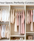 Closet organized with Ten Pack Heavy Duty Solid Birch Wood Coat Hangers With 360 Degree Swivel Hooks And Pant Bar For Jackets Dresses.