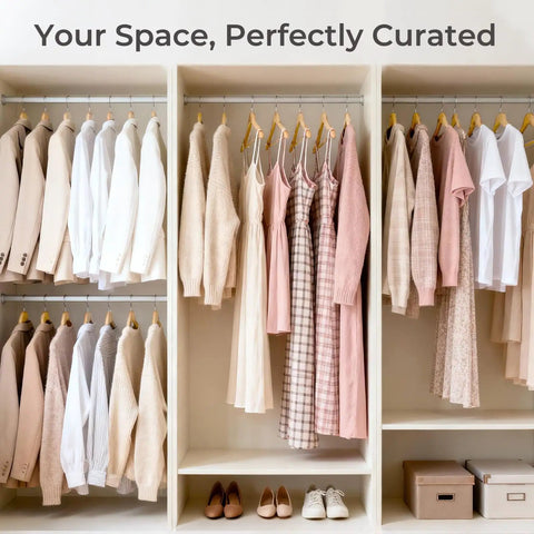 Closet organized with Ten Pack Heavy Duty Solid Birch Wood Coat Hangers With 360 Degree Swivel Hooks And Pant Bar For Jackets Dresses.