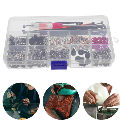 332 Piece Machine Screw Set With Iron Nickel Plating For Laptop And Desktop PC Case Repairs in a transparent box with images of repairs