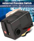 Air Compressor Pressure Switch Control 95 To 125 Psi 240V 26A Single Port Replacement Valve, front view, black housing, industrial use.