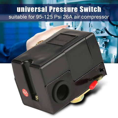 Air Compressor Pressure Switch Control 95 To 125 Psi 240V 26A Single Port Replacement Valve, front view, black housing, industrial use.