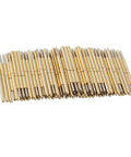 100 Pcs Spring Test Probe Pin Set P75-B1 Brass Tips For PCB Testing, Conical 1.4mm Head, arranged in a row on white background.
