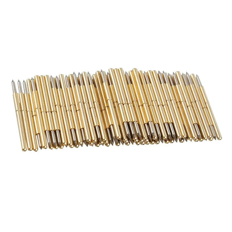 100 Pcs Spring Test Probe Pin Set P75-B1 Brass Tips For PCB Testing, Conical 1.4mm Head, arranged in a row on white background.