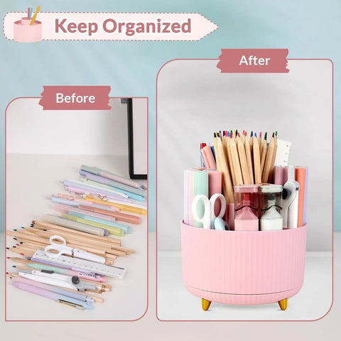 Pink 360 degree rotating multipurpose desk organizer with 5 slots pen holder for art supplies keeps desk neat and tidy