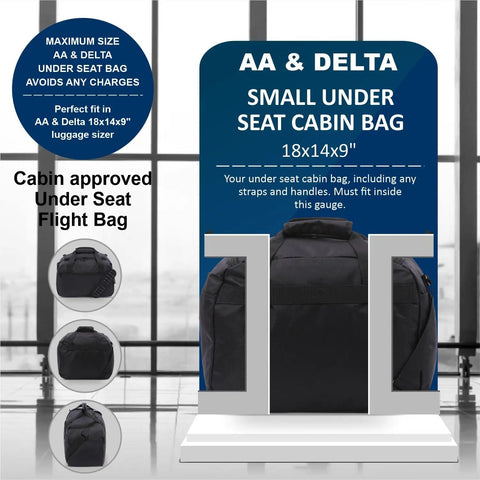 Max Size Carry On Duffle Bag For Air Travel, Lightweight Personal Item, 18 By 14 By 9 Inches, 37L, displayed in sizer.