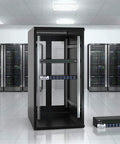 No Sweat 16 Port IP KVM Switch And Rackmount KVM Console in a server room with multiple racks in the background.