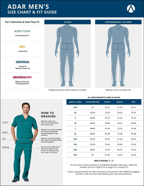 Adar Men's Size Chart for Comparative Scrub Fits. Includes Classic and Contemporary tailored scrub size details.