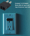 European To US Plug Adapter 2 Pack Type E F To Type A B Fireproof CE Certified 120V 220240V 6A next to blue wall outlet