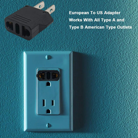European To US Plug Adapter 2 Pack Type E F To Type A B Fireproof CE Certified 120V 220240V 6A next to blue wall outlet