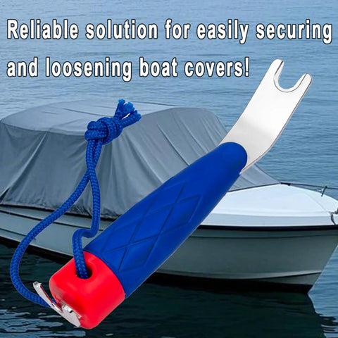 Top Snapper Tool for Boat Canvas Snaps and Cover Fastening displayed with a boat cover in the background.