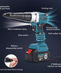 Portable Cordless Brushless Rivet Gun With Automatic Operation, Heavy Duty Electric Riveter Kit showing features and parts